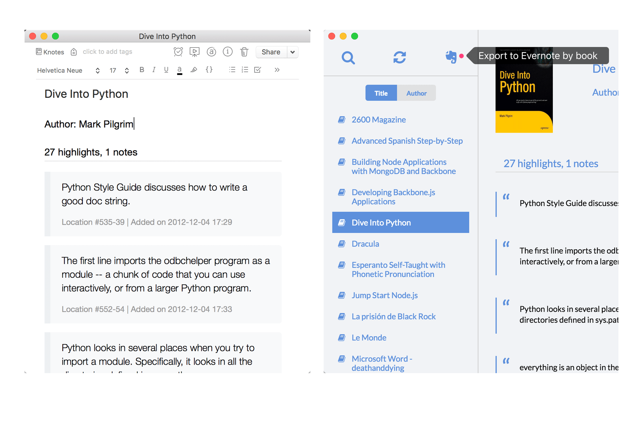 Export highlights/notes by book to Evernote